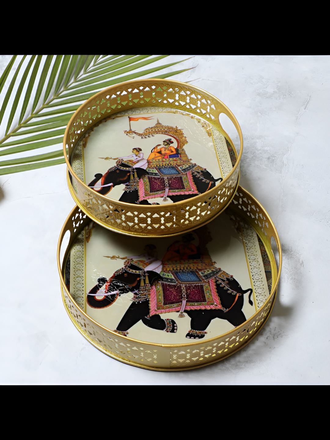 Amaya Decors Gold-Toned & Brown 2 Pieces Elephant Printed Round Metal Serving Tray