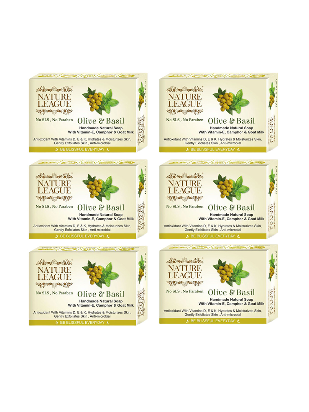 NATURE LEAGUE Set Of 6 Olive & Basil Exotic Natural Skin Nourishing Soaps - 100g Each -