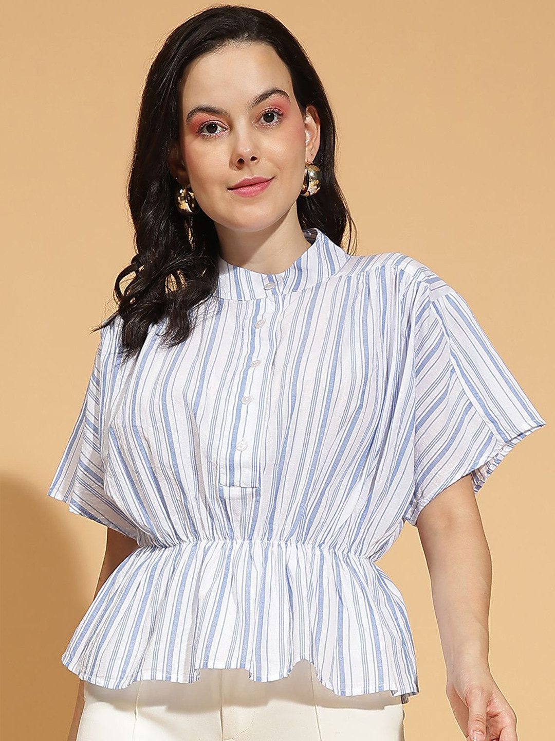 Oxolloxo Women Vertical Stripes Printed Round Neck Cotton Top