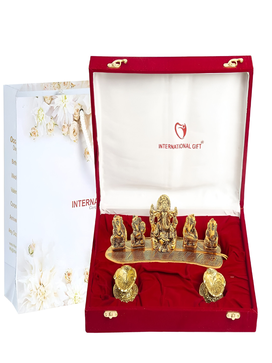 INTERNATIONAL GIFT Gold-Toned Religious Figurine Showpiece With Diyas & Velvet Box