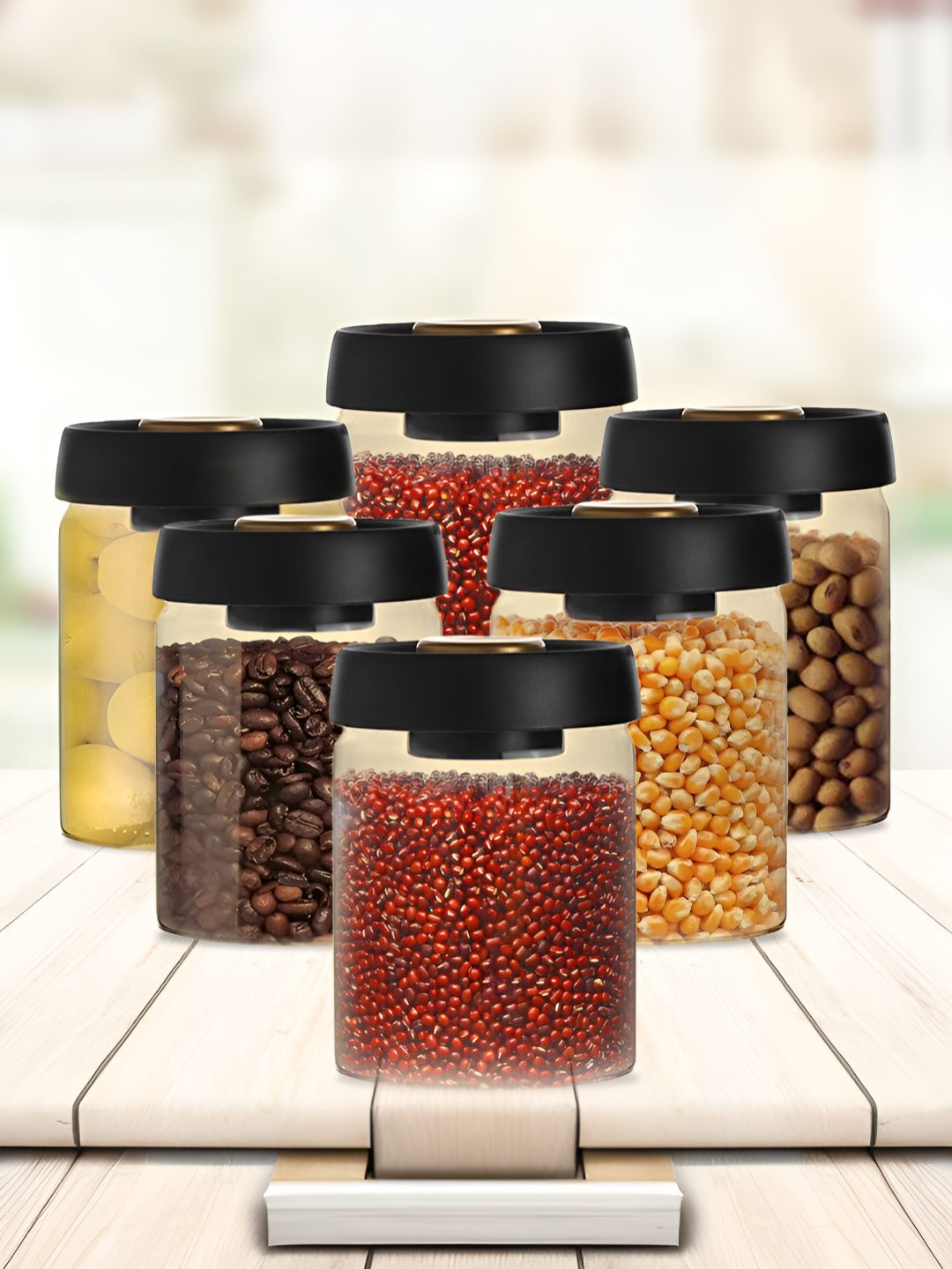 Umai Brown Borosilicate Glass Easy To Clean 6 Piece Screw Top Jar-900ml
