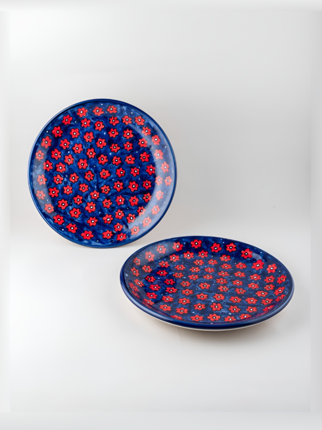 Eyaas Blue and Red 2 Pieces Floral Printed Ceramic Dishwasher and Microwave Safe Plates