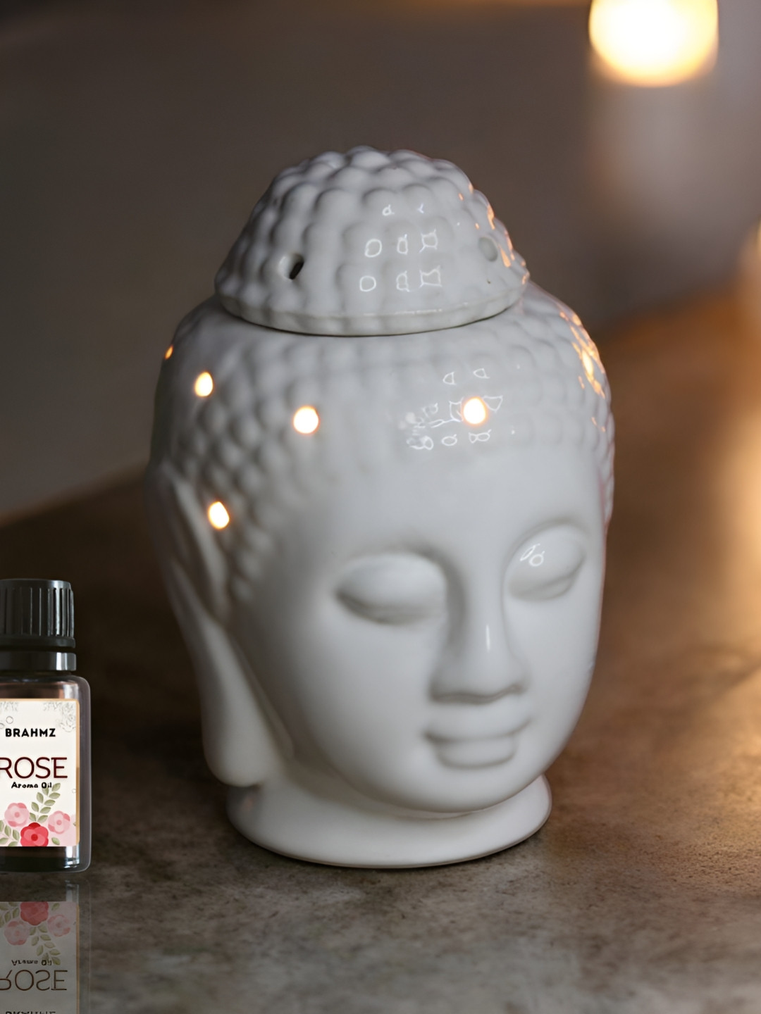 Brahmz White 3 Pieces Candle Buddha Head With Tealights & Rose Oil Ceramic Aroma Diffusers