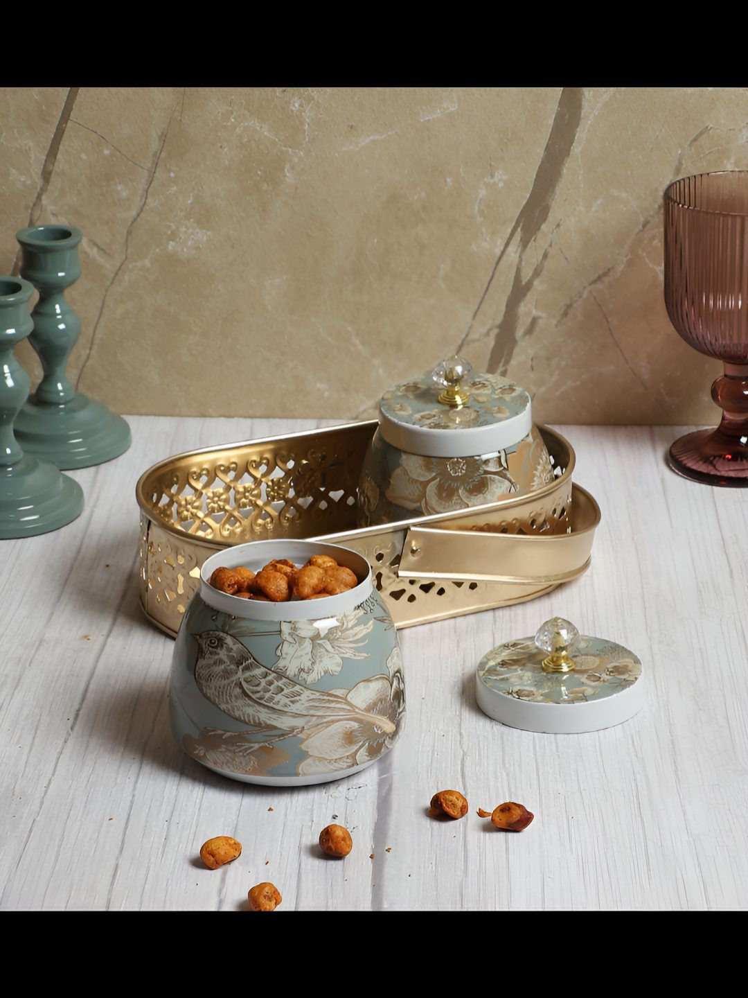 Amaya Decors Bird Print Gold Typography Metal Easy To Clean 2 Piece Clip-On Jar