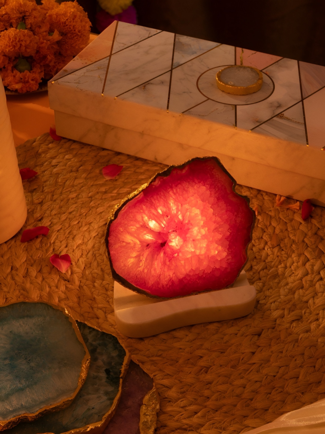 HOMEARTE Pink Stone With Marble Base Stoneware Tealight Lamp Holder