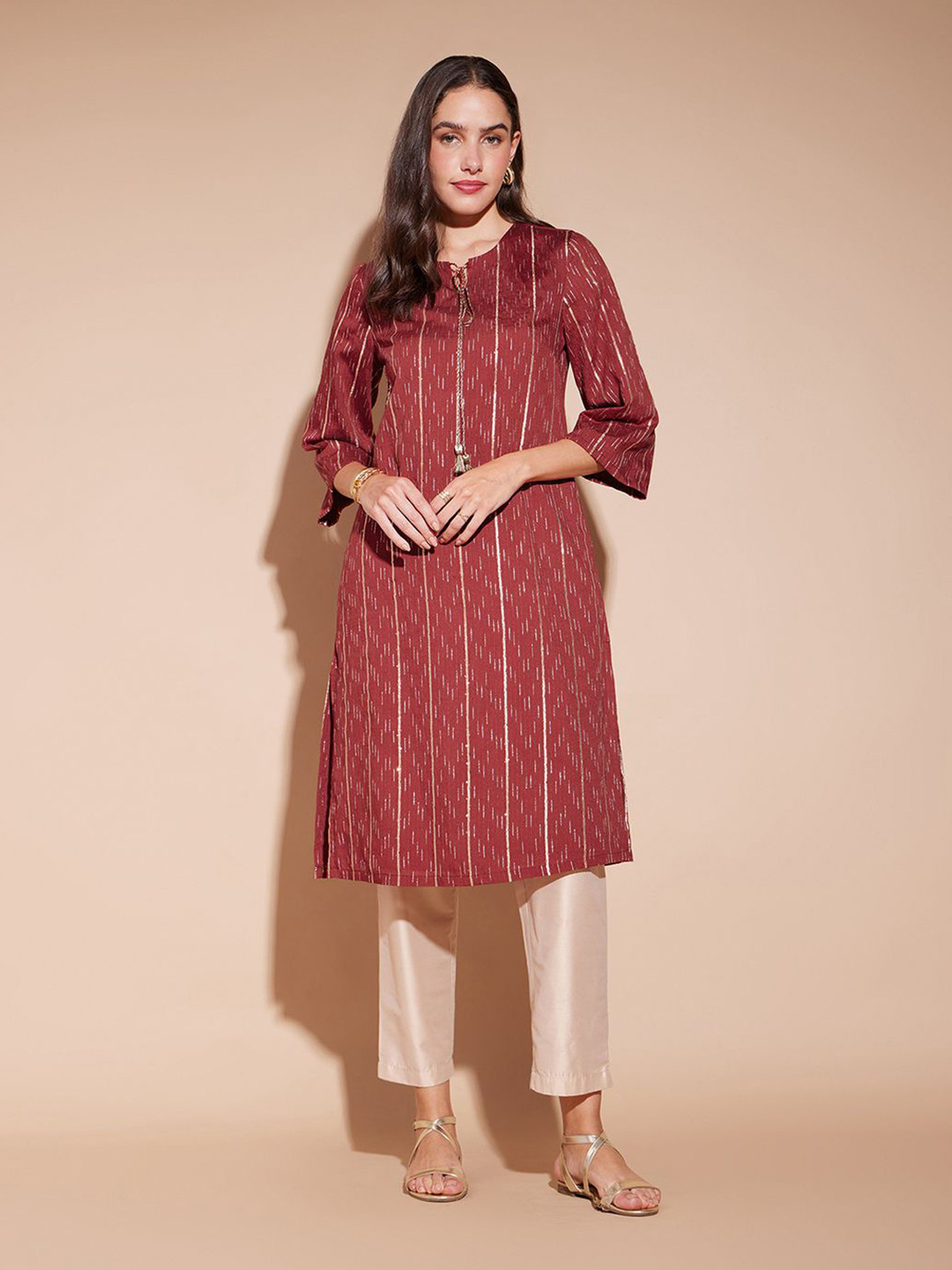 Pink Fort Striped Woven Design Sequinned Tie-Up Neck Jacquard Straight Kurta