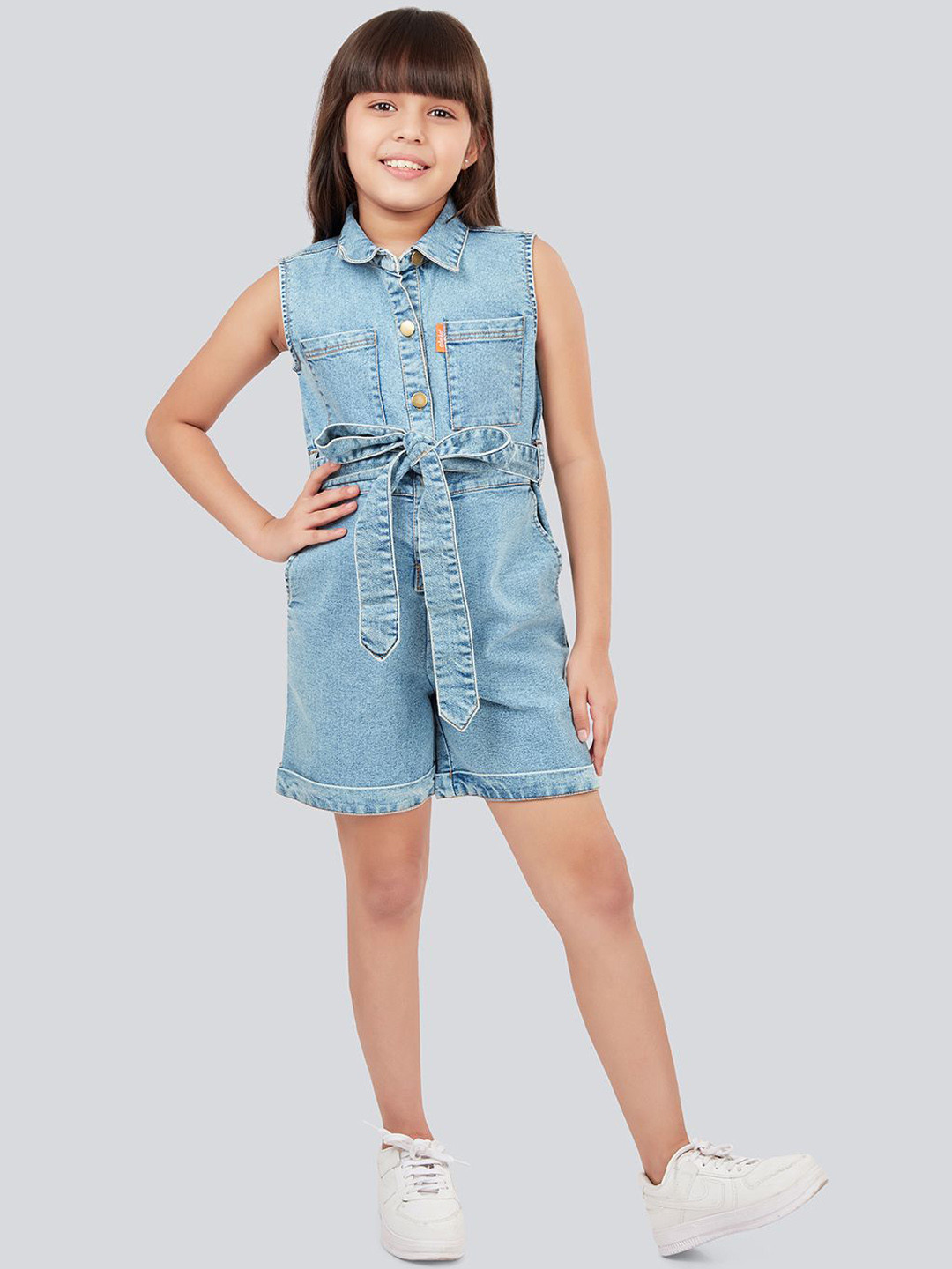 Olele Girls Shirt Collar Bright White Cotton Denim Romper