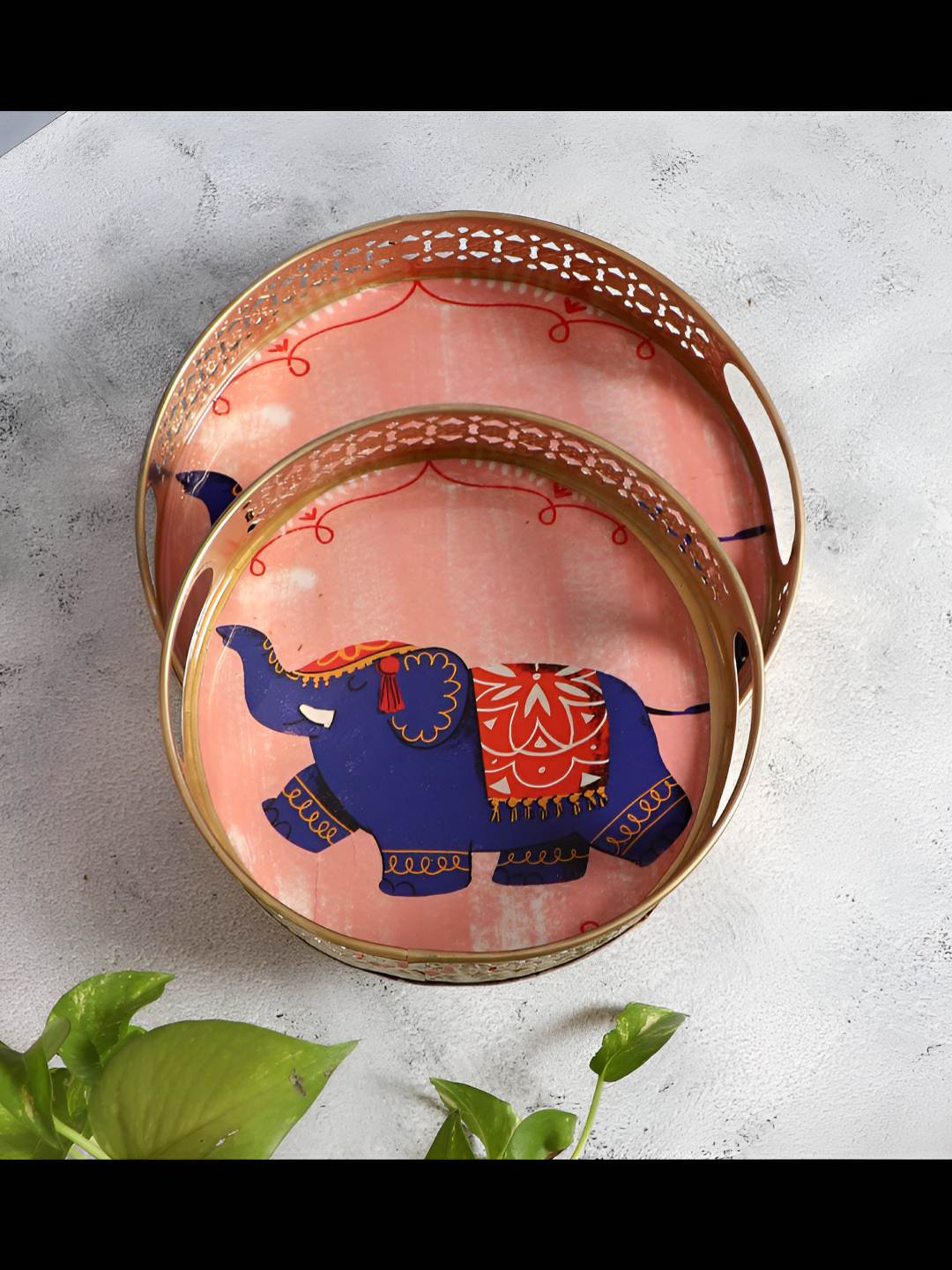 Amaya Decors Gold-Toned & Pink 2 Pieces Elephant Printed Metal Serving Tray