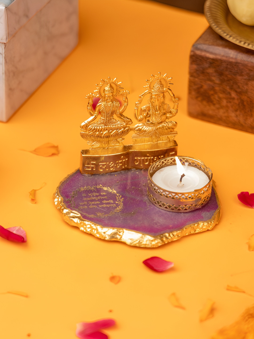 HOMEARTE Pink & Gold-Toned Laxmi Ganesha Gayatri Mantra Stoneware Tealight Holder