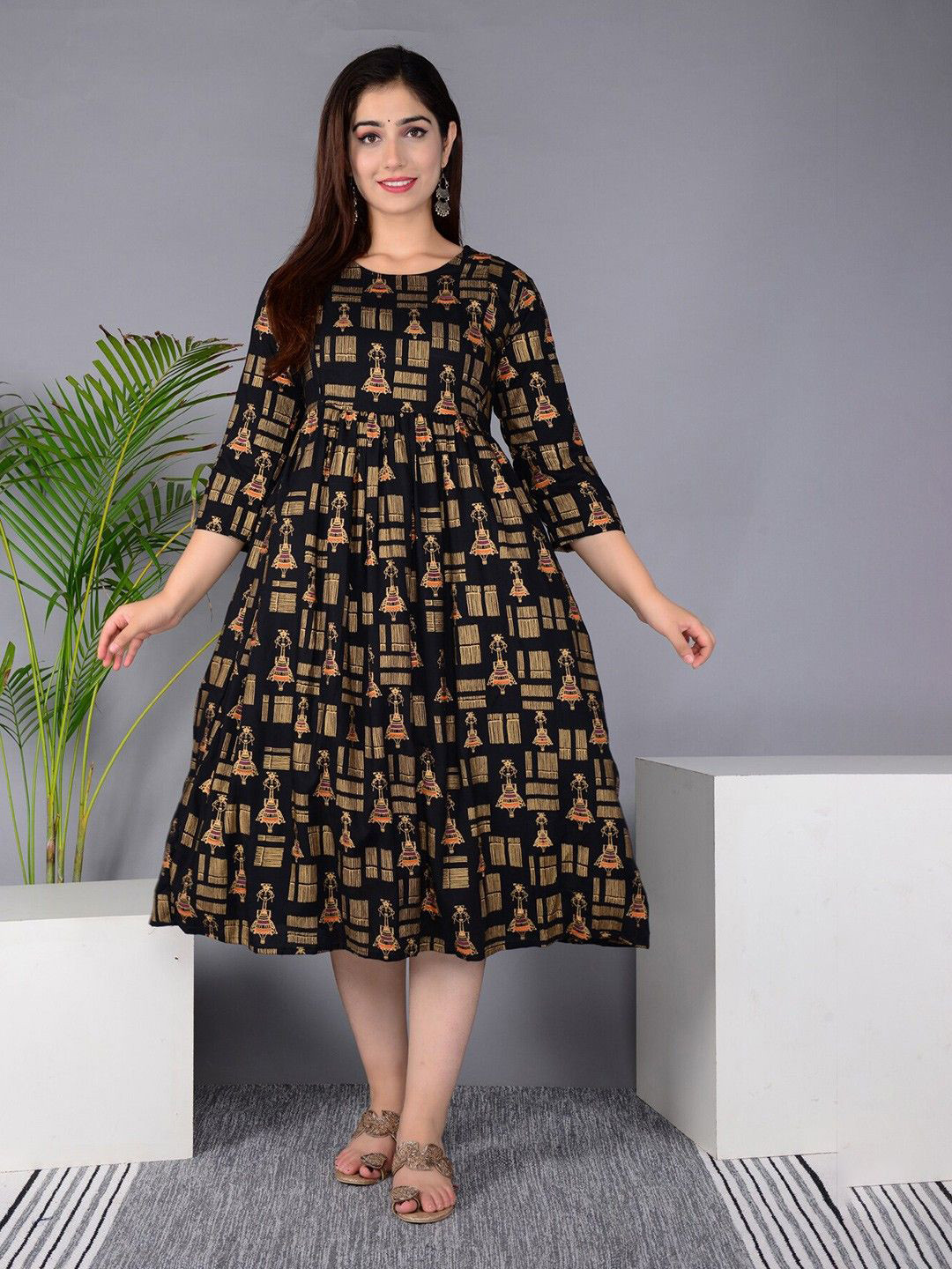 Badrika Ethnic Motifs Printed Maternity Fit & Flare Midi Dress