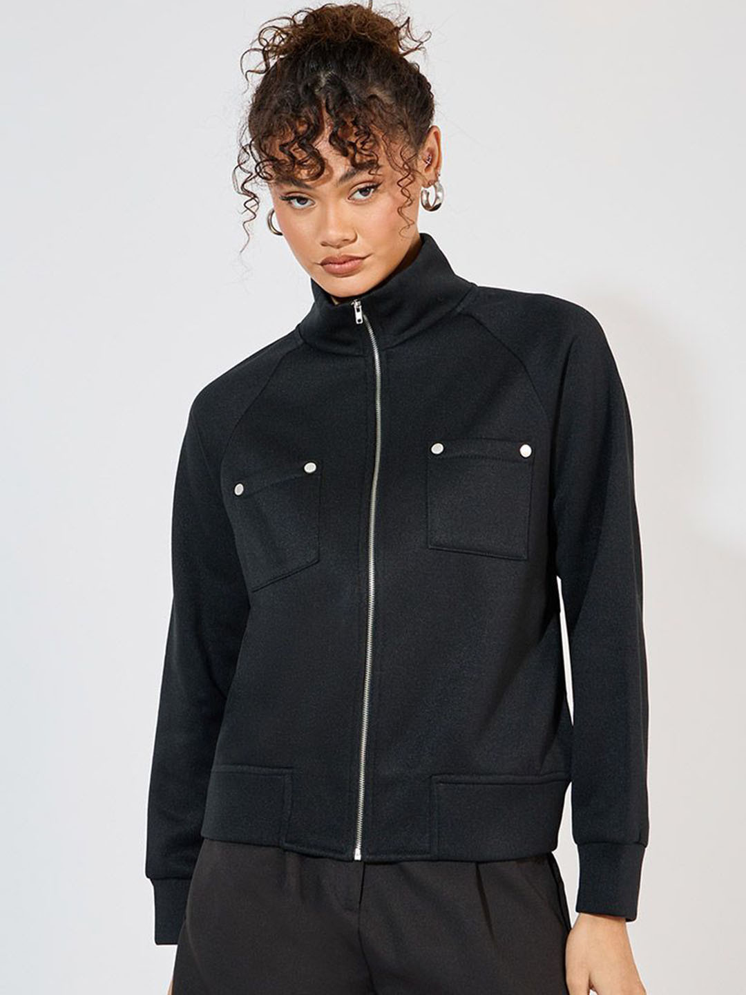 Styli Women Solid Black Cotton Regular Length Oversized Stand Collar Bomber Jacket