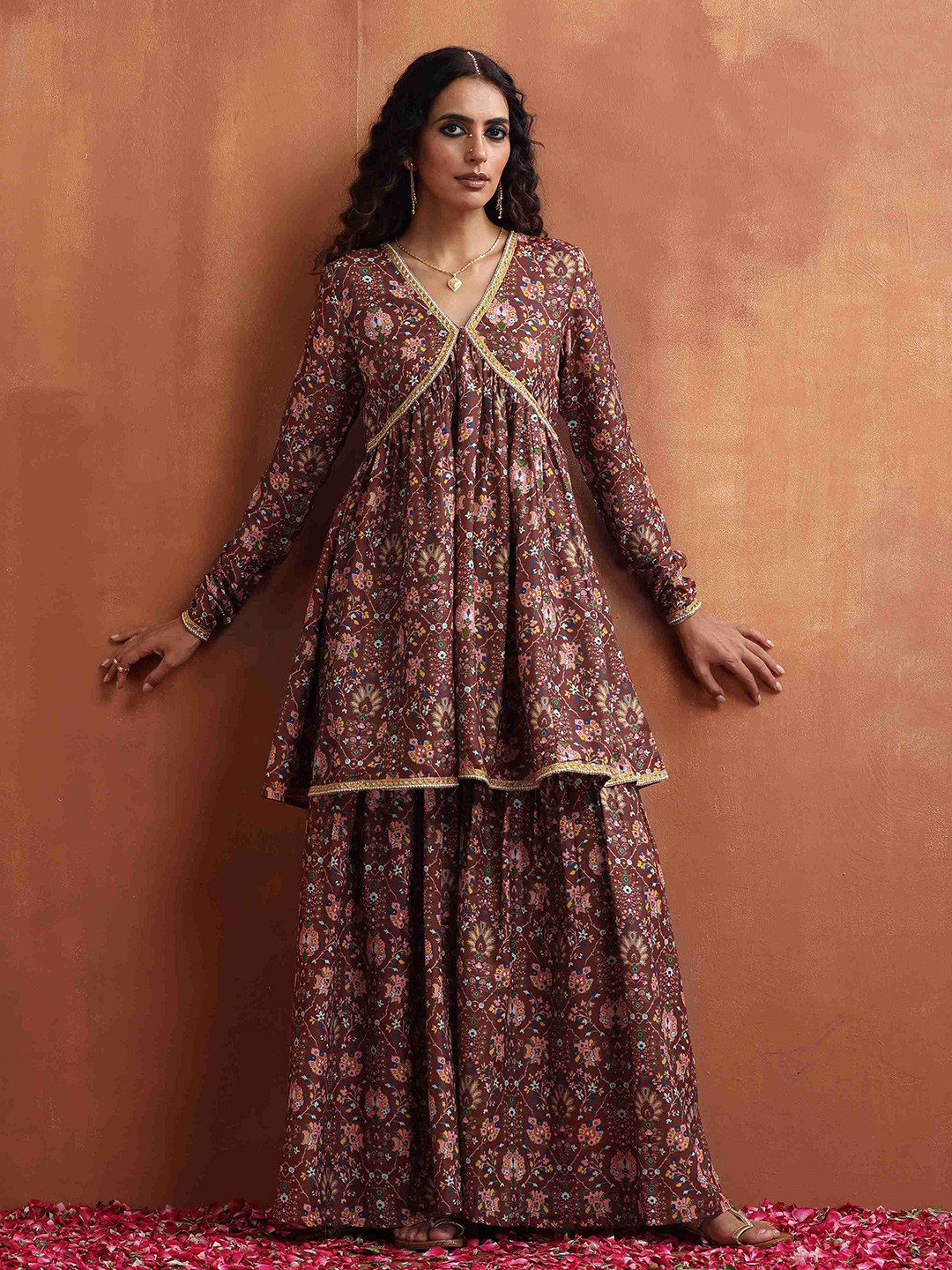 trueBrowns Brown Floral Printed Empire Gotta Patti V-Neck A-Line Kurti With Sharara Kurta Set