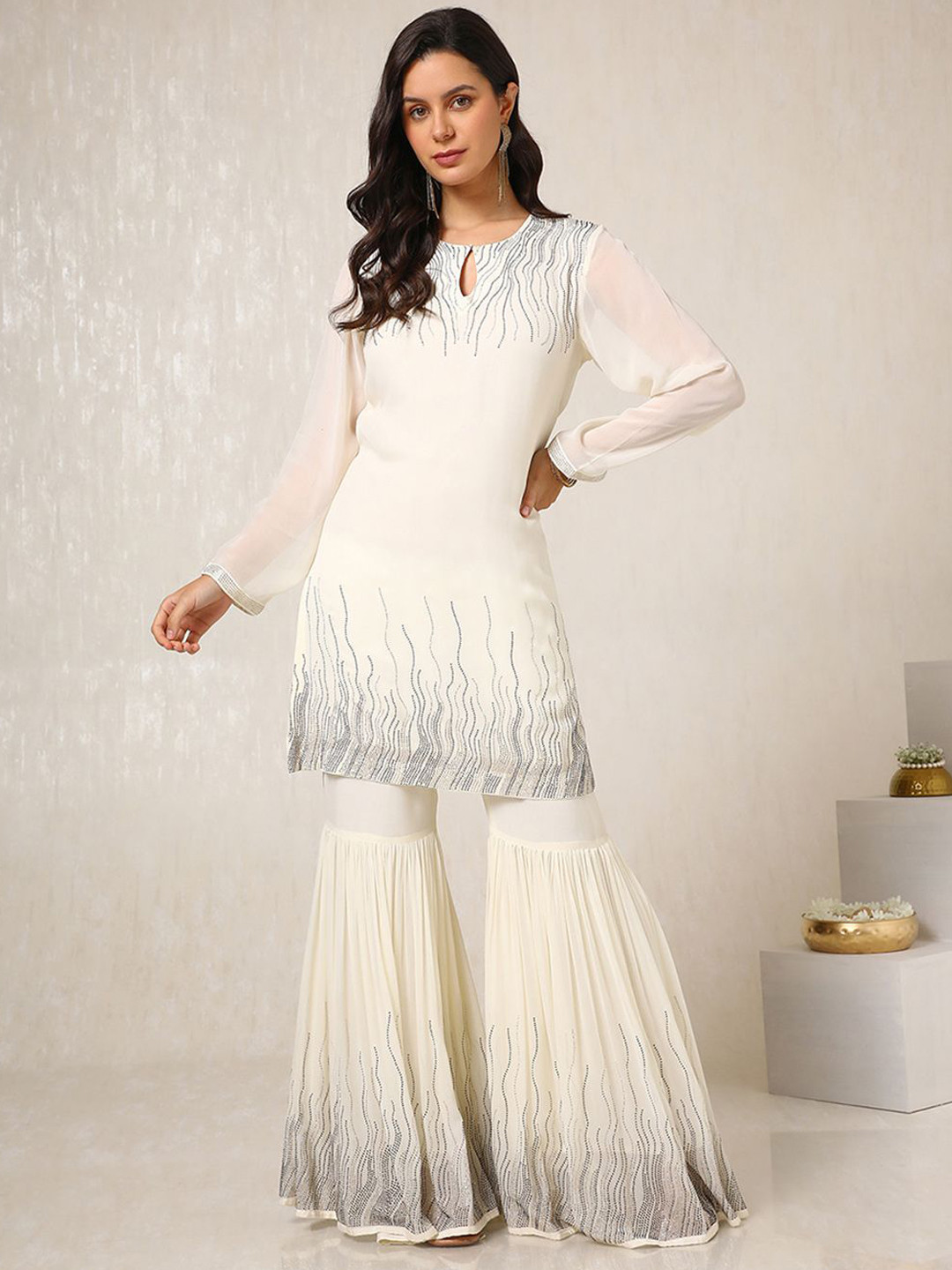 Soch Off White Embroidered Beads and Stones Straight Kurta With Sharara & Dupatta