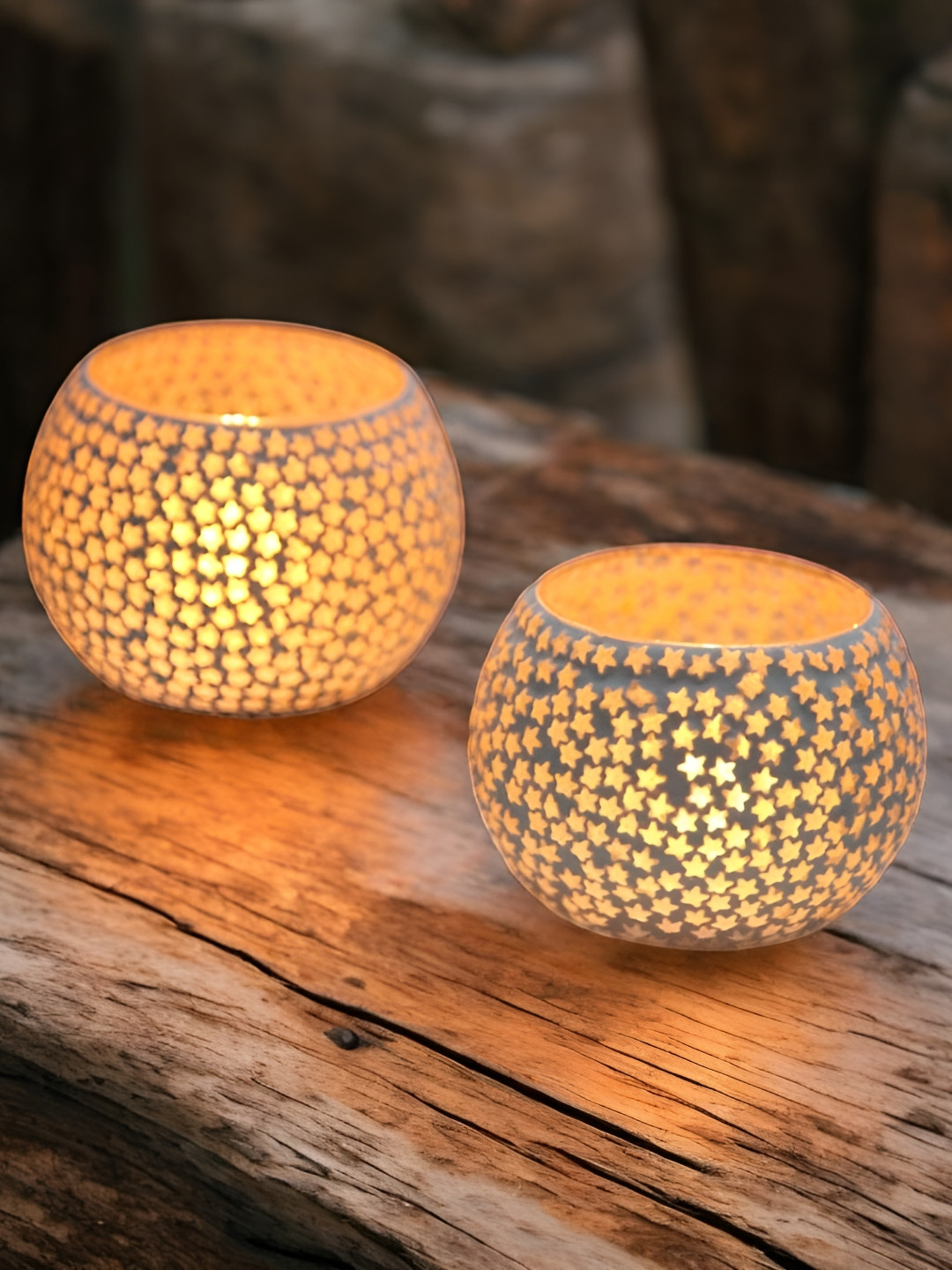 Brahmz White 2 Pieces Ethnic Glass Mosaic Candle Holders