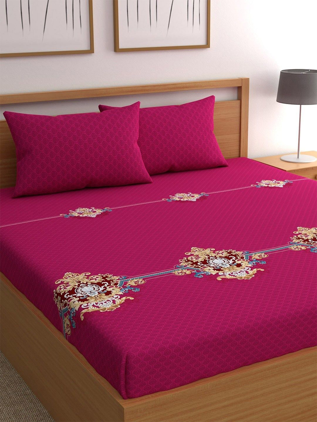 Srijee Decors Ruby Belt Red Ethnic Motifs Polycotton 210 TC Fitted King Fine Bedsheet with 2 Pillow Covers-108 x 108 inches