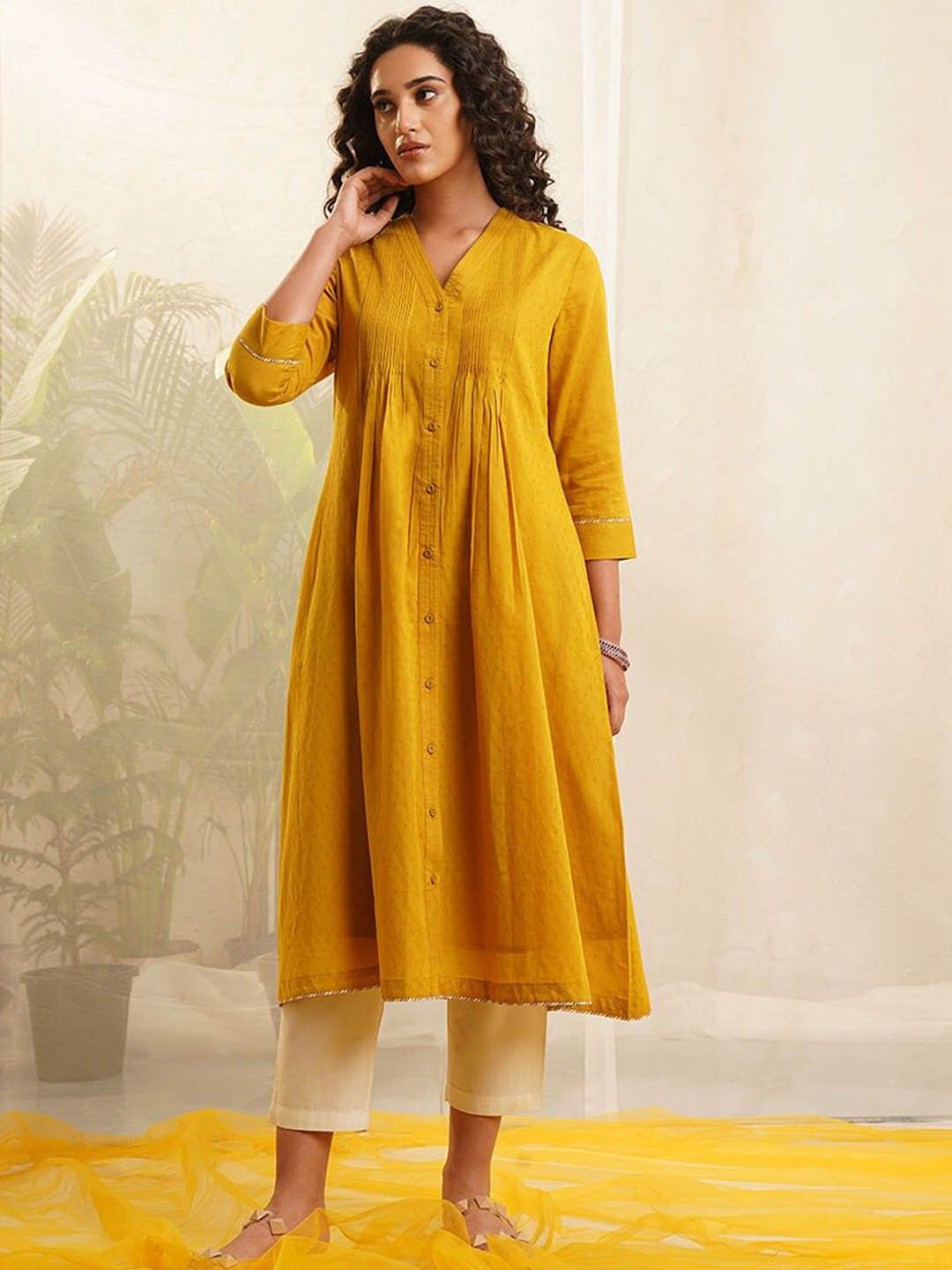 JAYPORE V-Neck Regular Panelled Pure Cotton A-Line Kurta