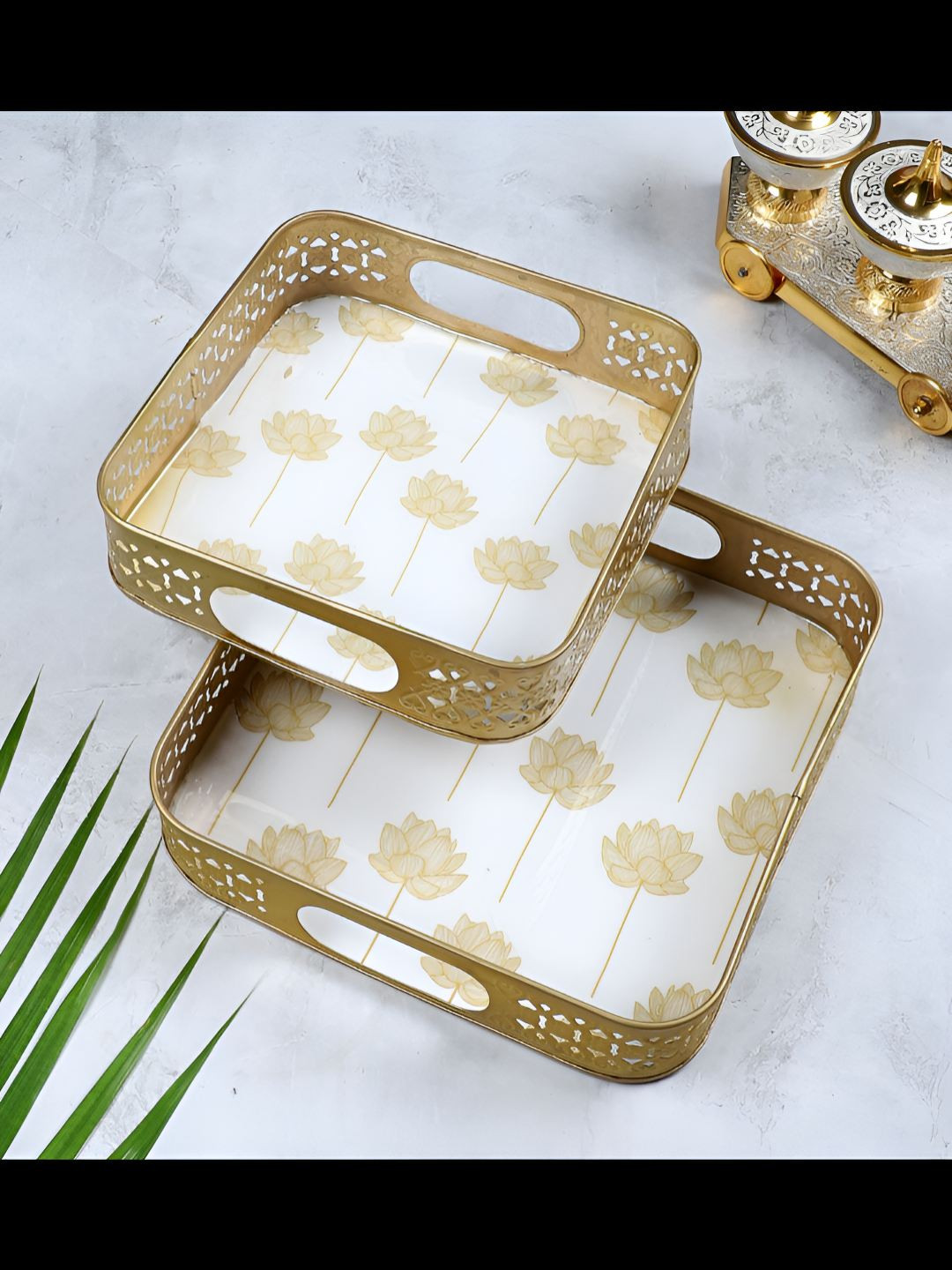 Amaya Decors Gold-Toned & White 2 Pieces Lotus Flower Printed Square Metal Serving Tray