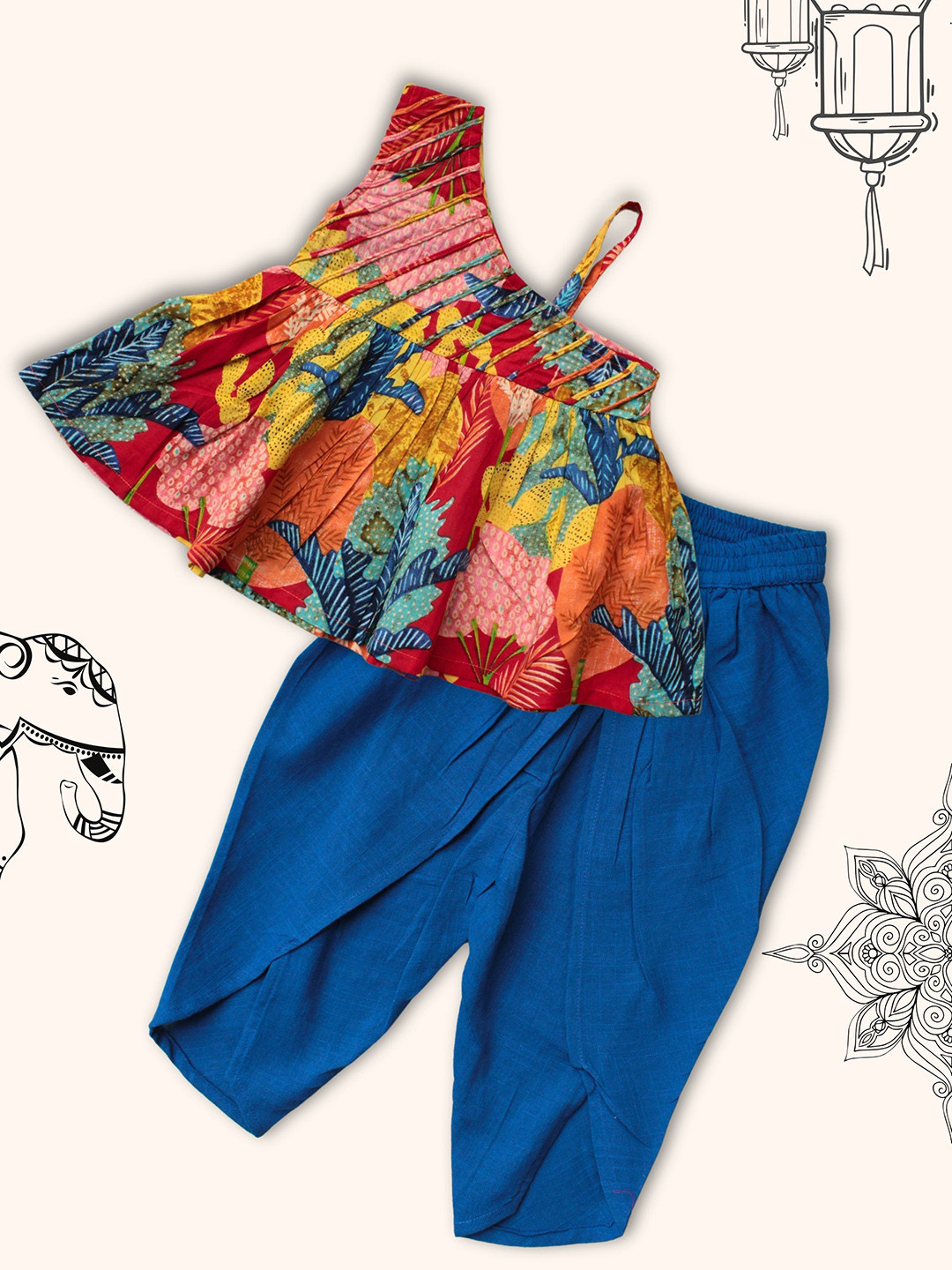 Peekaaboo Kids Girls Printed One Shoulder Pleated Pure Cotton A-Line Kurti with Dhoti Pant