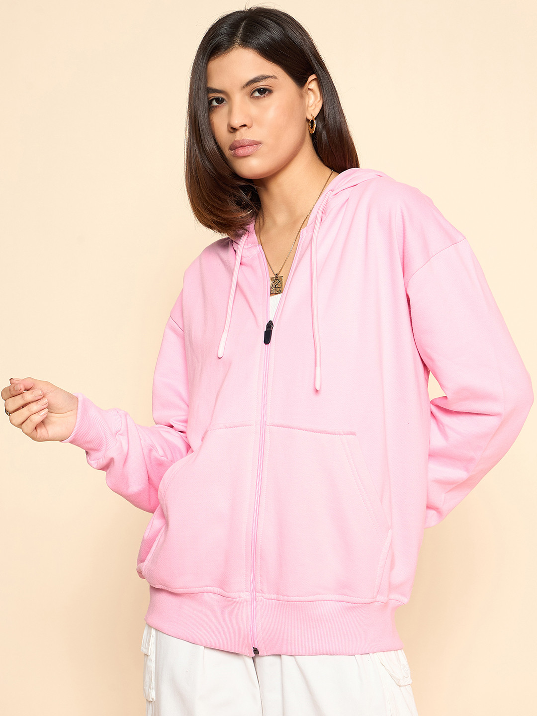 COLOR CAPITAL Women Solid Hooded Front-Open Cotton Sweatshirt