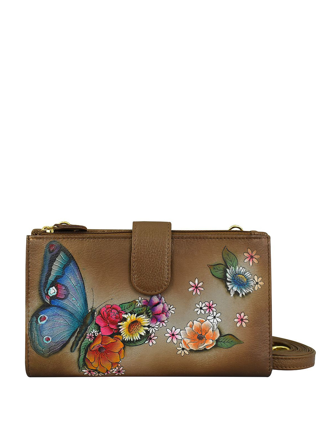 Anuschka Women Butterfly Blooms Bronze Handpainted Leather Wallet with Phone Case