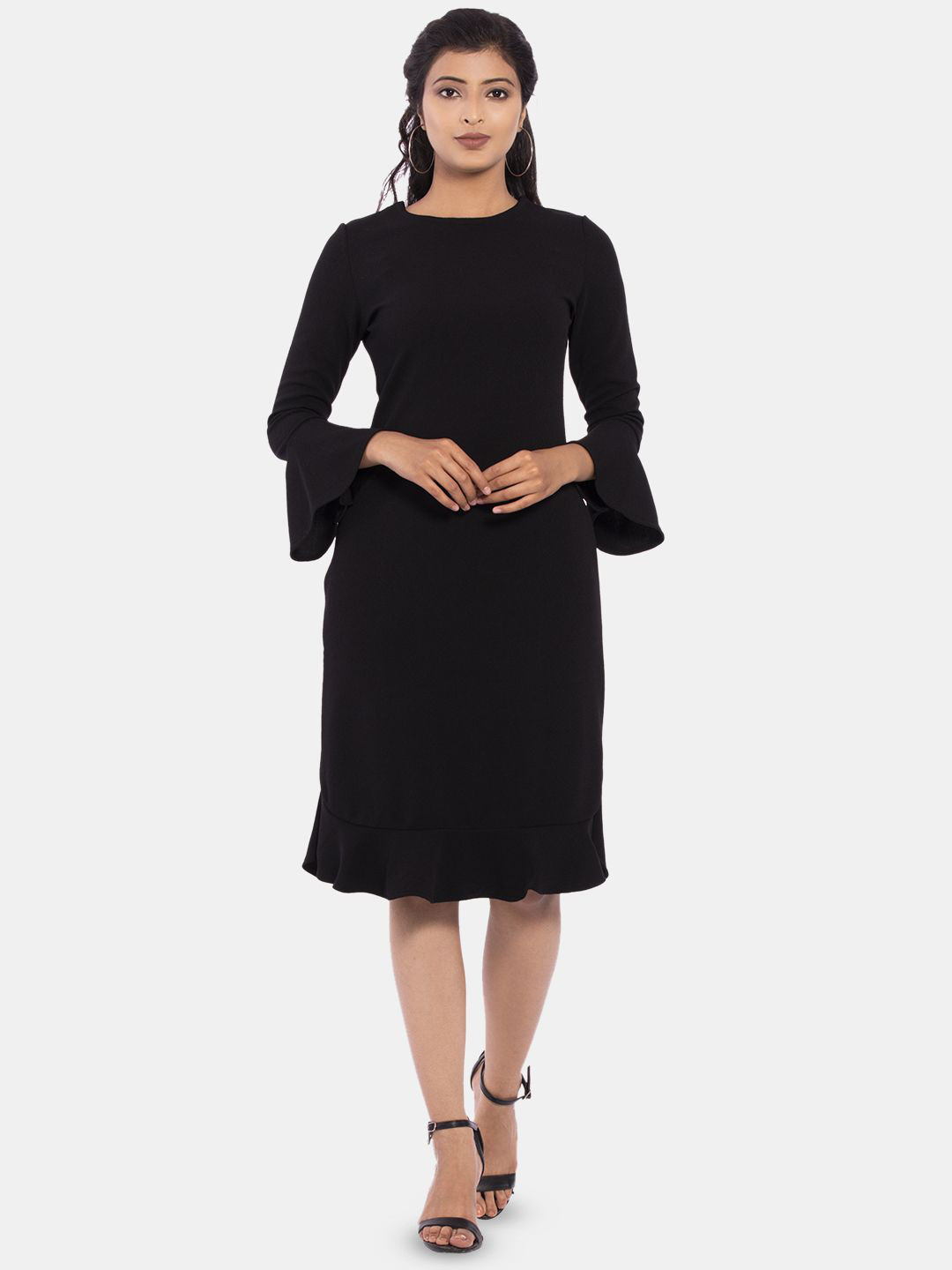 Golden Kite Solid Flared Sleeve Ruffled Scuba Bodycon Dress