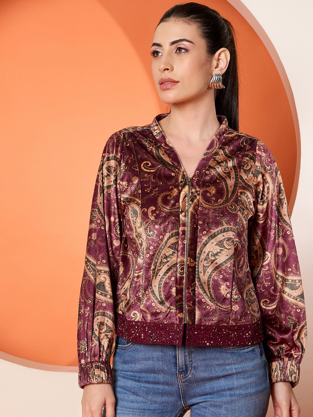 Antheaa Women Printed Velvet Tailored Jacket with Embellishement