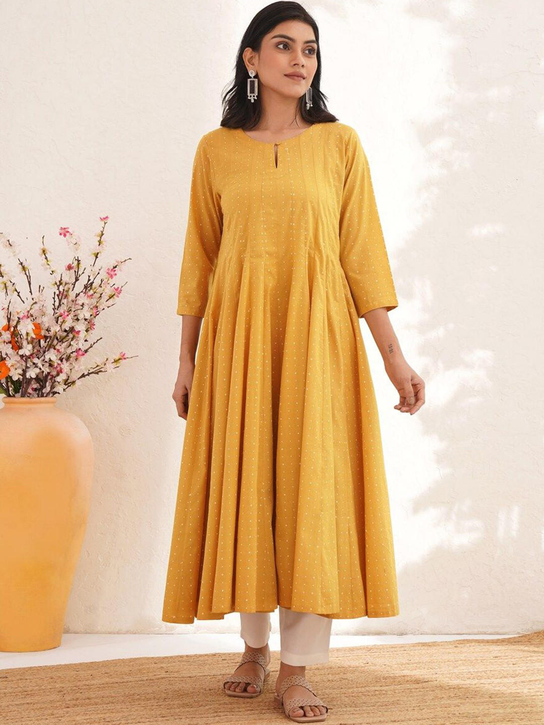 JAYPORE Polka Dots Printed Keyhole Neck Pure Cotton Anarkali Kurta