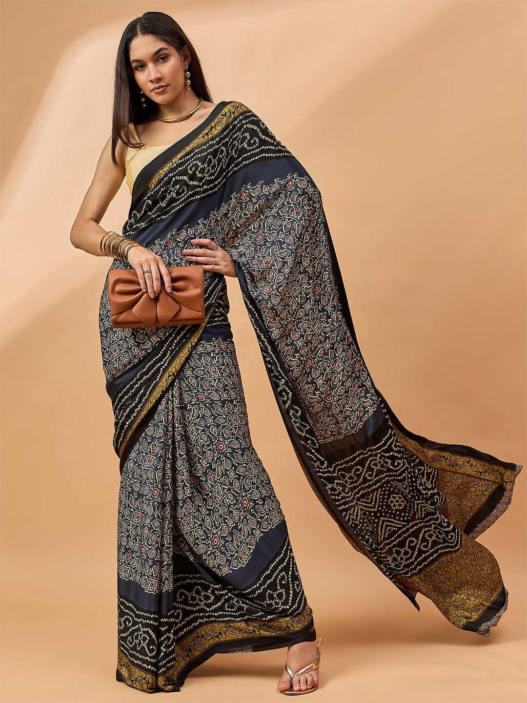 all about you Ajrak Block Zari Satin Saree