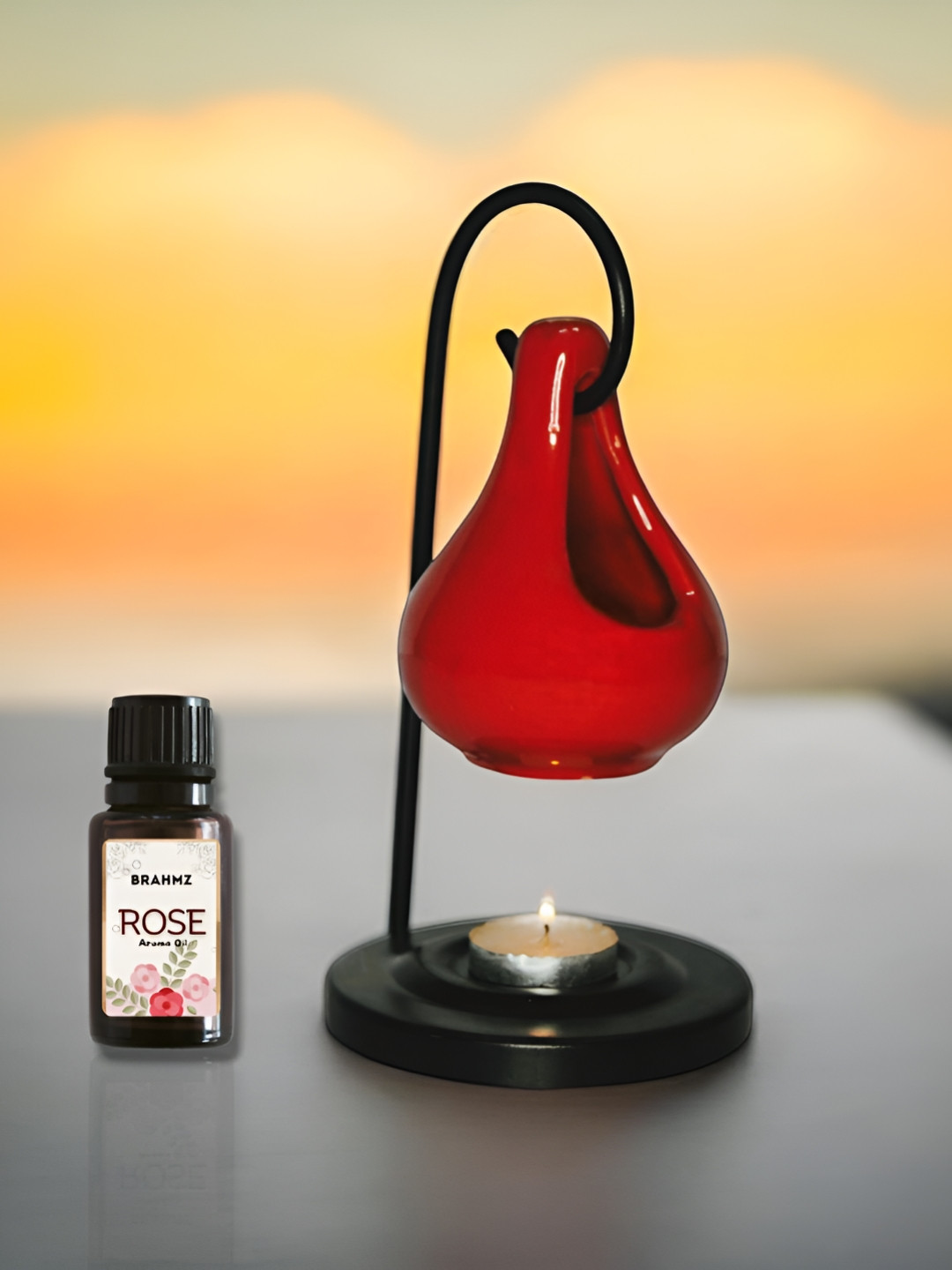 Brahmz Red 3 Pieces Candle With Tealights And Rose Oil Ceramic Aroma Hanging Diffusers