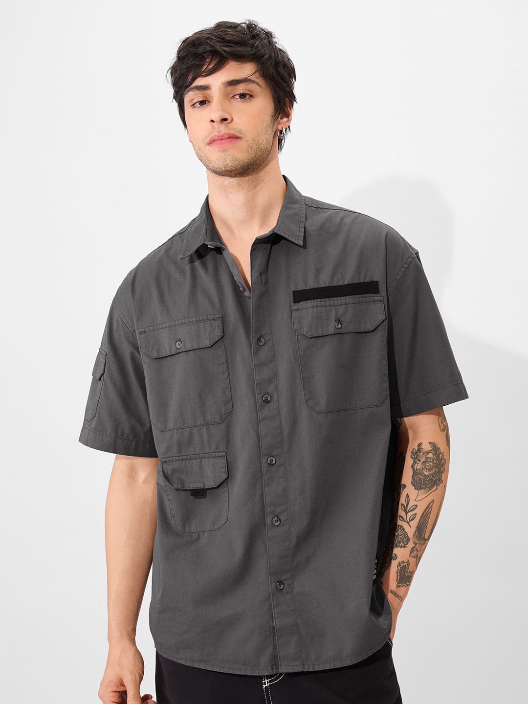 The Souled Store  Men Utility Shirt: Moon Grey Oversized Fit Shirt