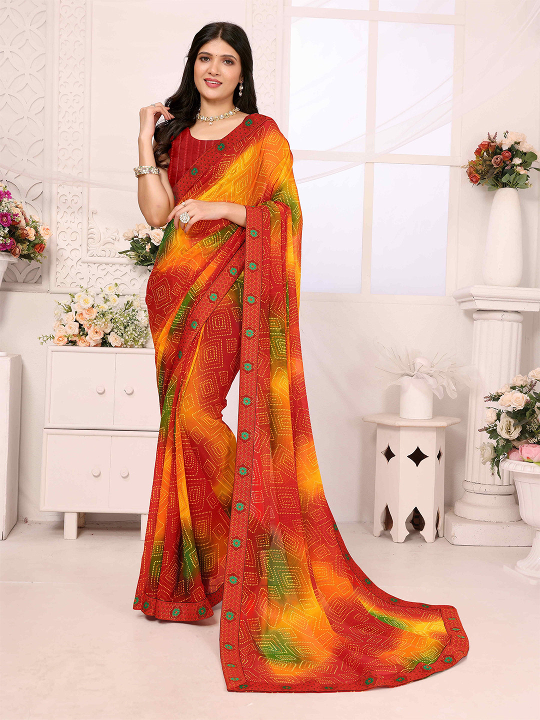 sareyavella Bandhani Pure Georgette Bandhani Saree With Blouse Piece