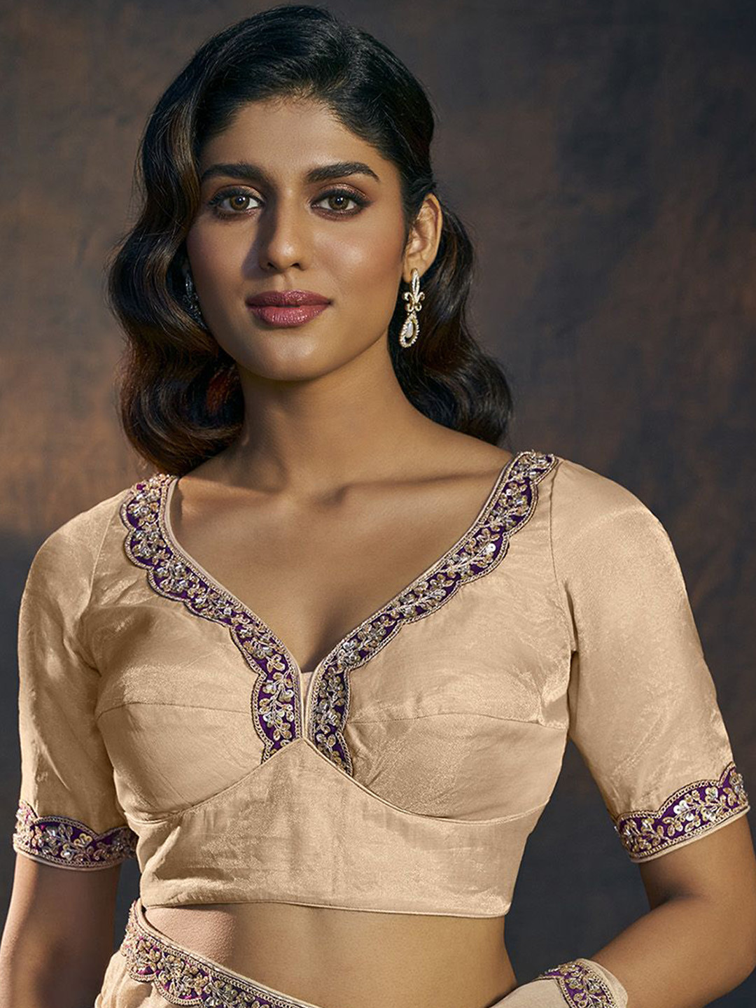 SALWAR STUDIO Embroidered V Neck Padded Tissue Readymade Saree Blouse