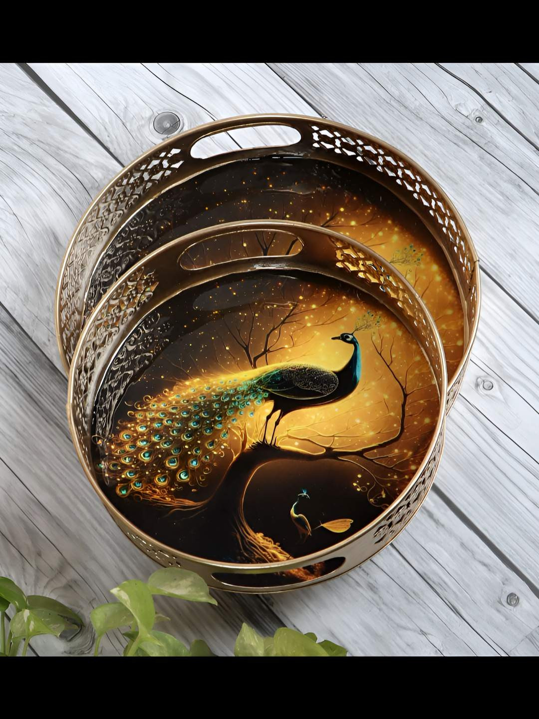 Amaya Decors Gold-Toned & Green 2 Pieces Peacock Printed Round Metal Serving Tray