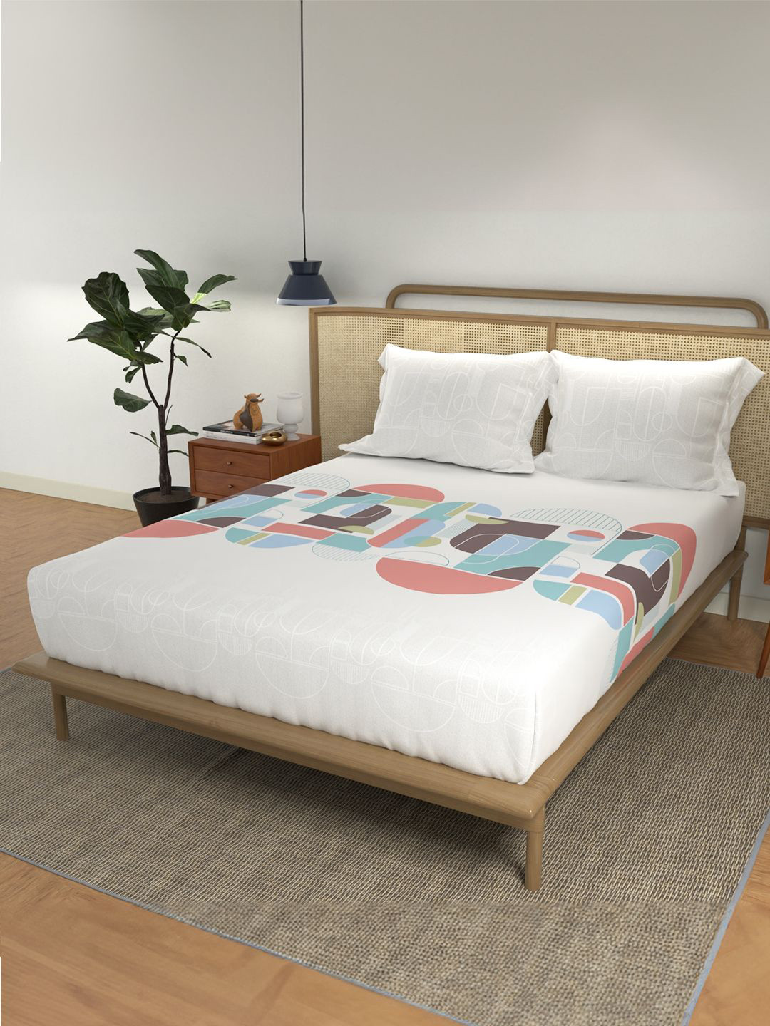 URBAN SPACE Divine Collection White Abstract Cotton 144 TC Queen Bedsheet with 2 Pillow Covers-88 x 100 inches