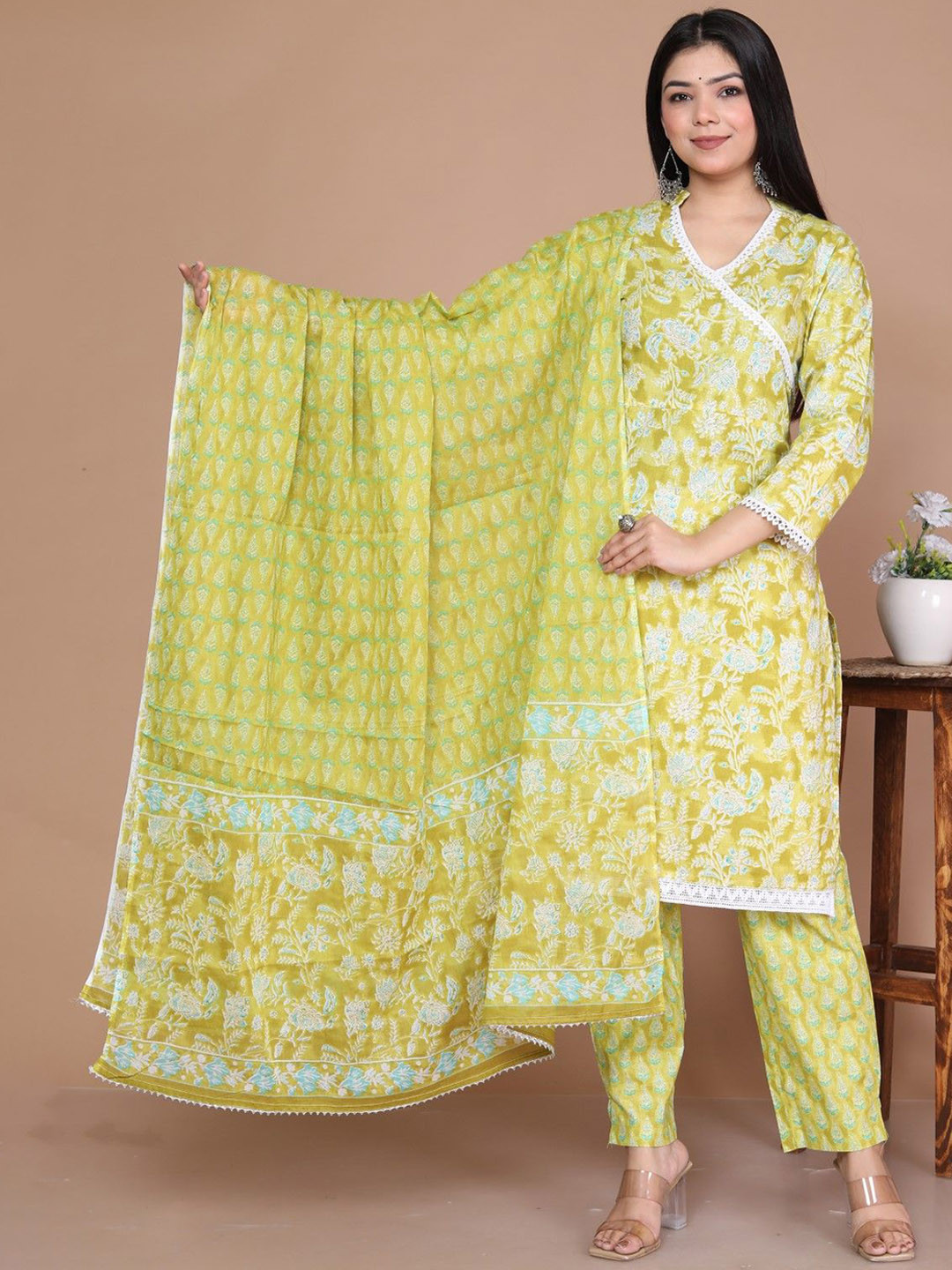 ANTU KURTIES Floral Printed Angrakha Pure Cotton Straight Kurta with Palazzo & Dupatta