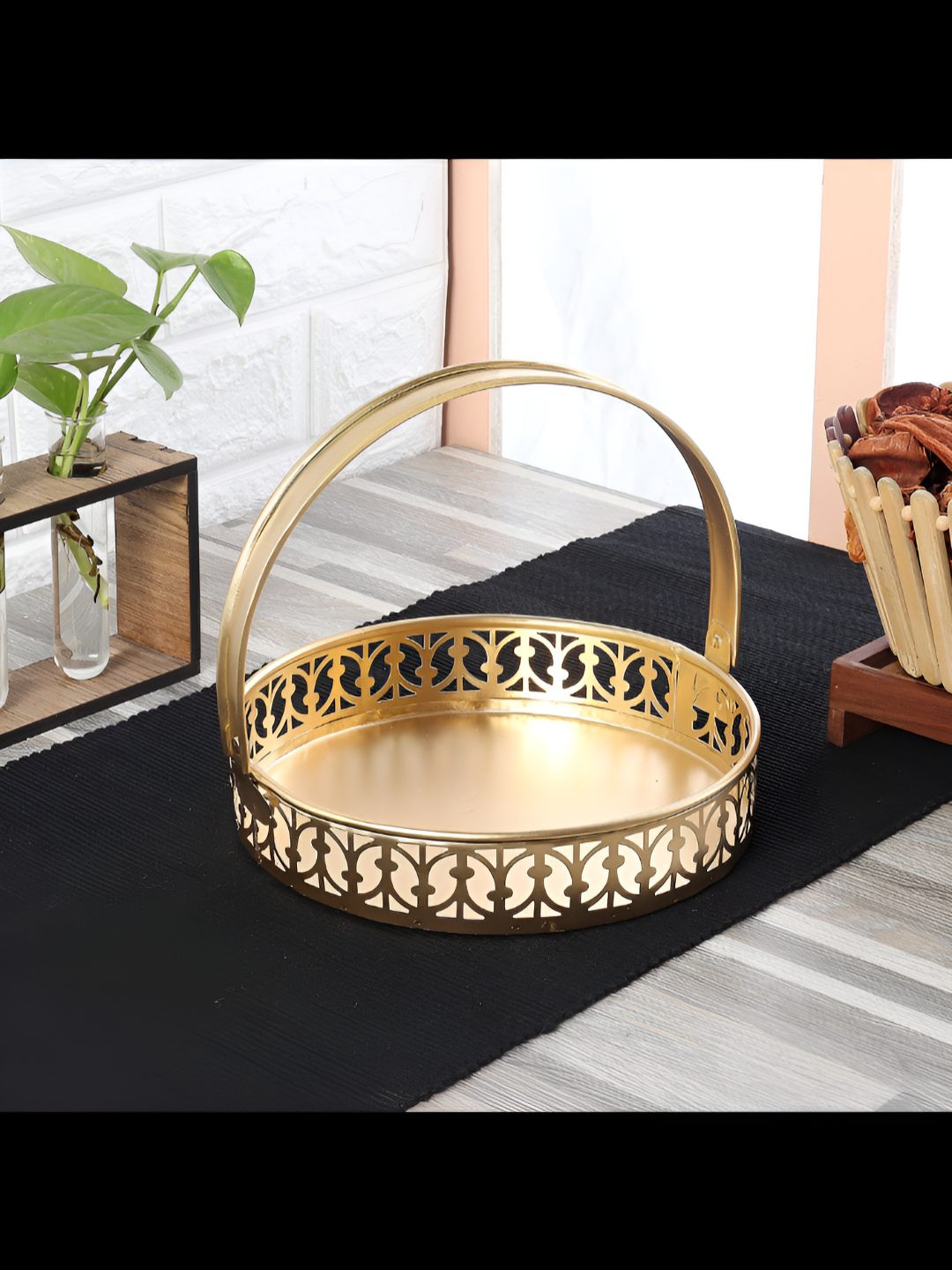 Amaya Decors Gold-Toned Self Design Round Metal Gift Basket