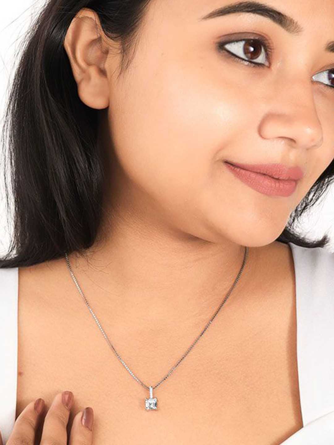 SILBERRY 925 Sterling Silver-Plated CZ Studded Mini Cube Pendant With Chain