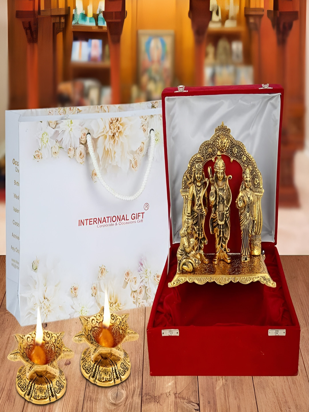 INTERNATIONAL GIFT Ram Darbar with Jyot Diya Gold Metal Metallic Prayer Room Set of 3 Medium Showpieces - 4.7 Inches