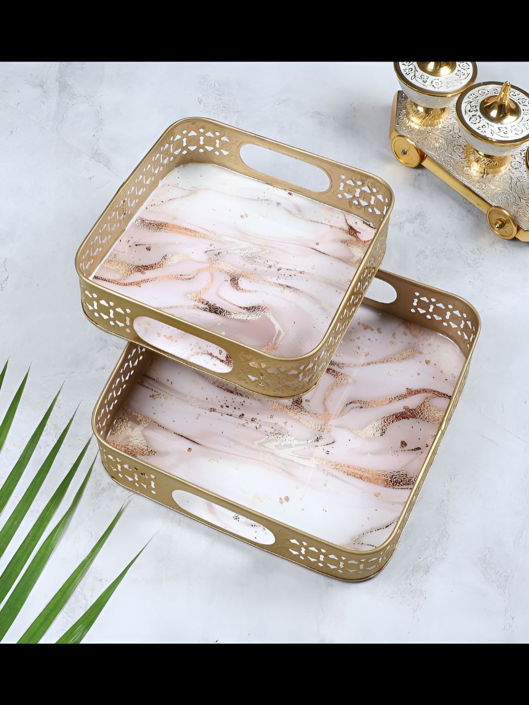 Amaya Decors Gold-Toned & PInk 2 Pieces Square Metal Serving Tray