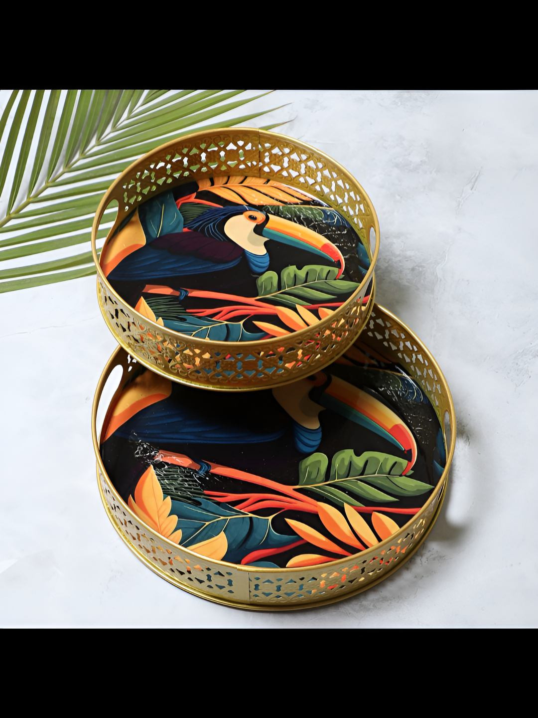 Amaya Decors 2 Pieces Gold-Toned & Blue Bird Printed Round Metal Serving Tray