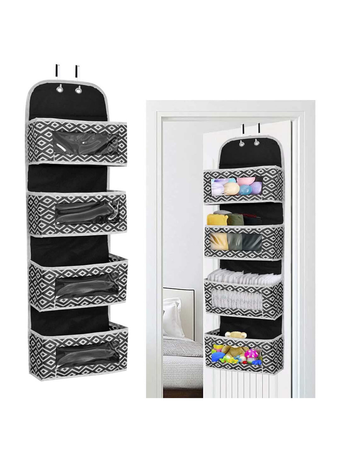 prettykrafts Black Printed Reusable Multi-Utility Over Door Hanging Organizer