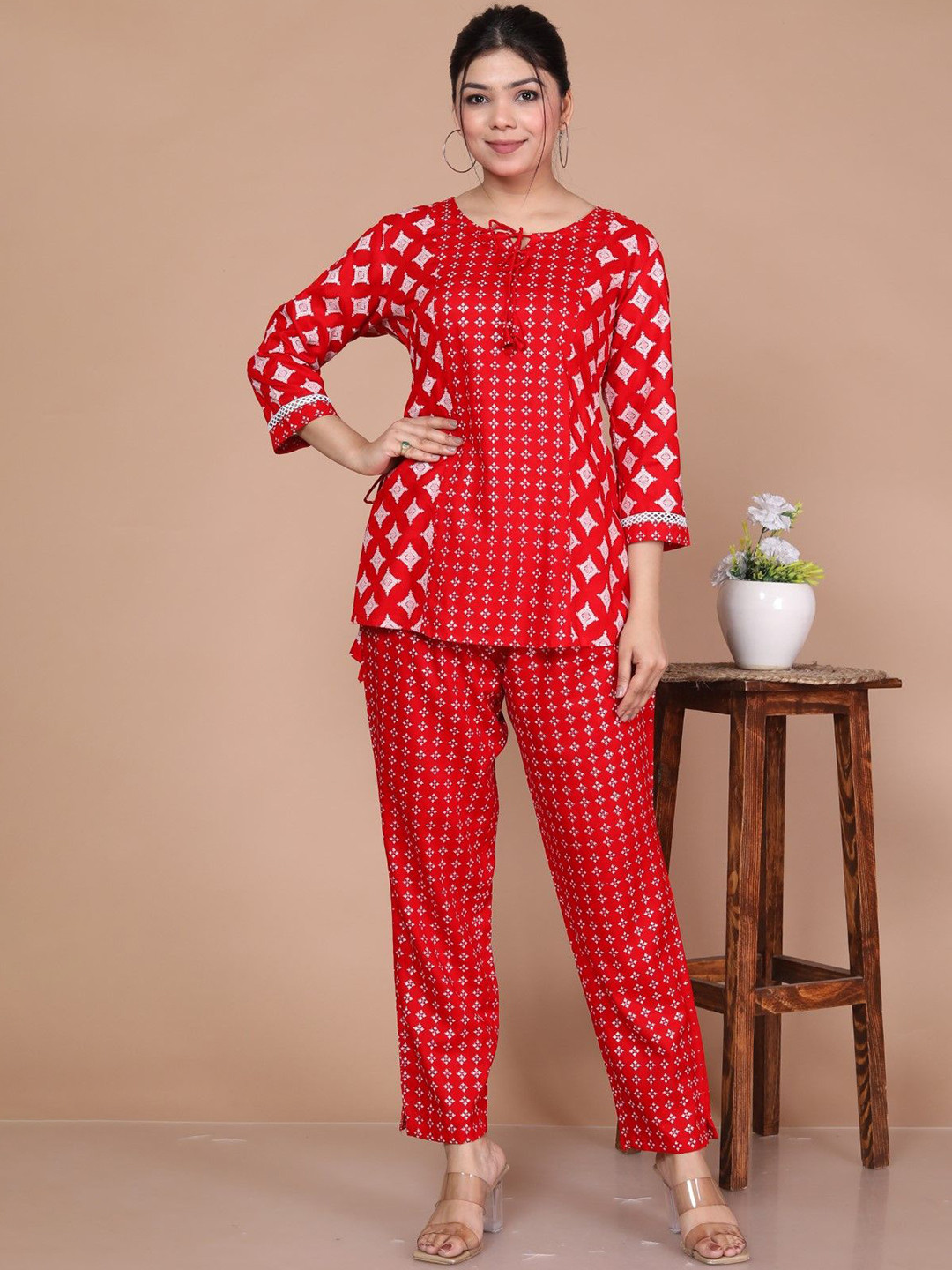 ANTU KURTIES Ethnic Motifs Printed Tie-Up Neck Straight Cotton Short Top With Trousers