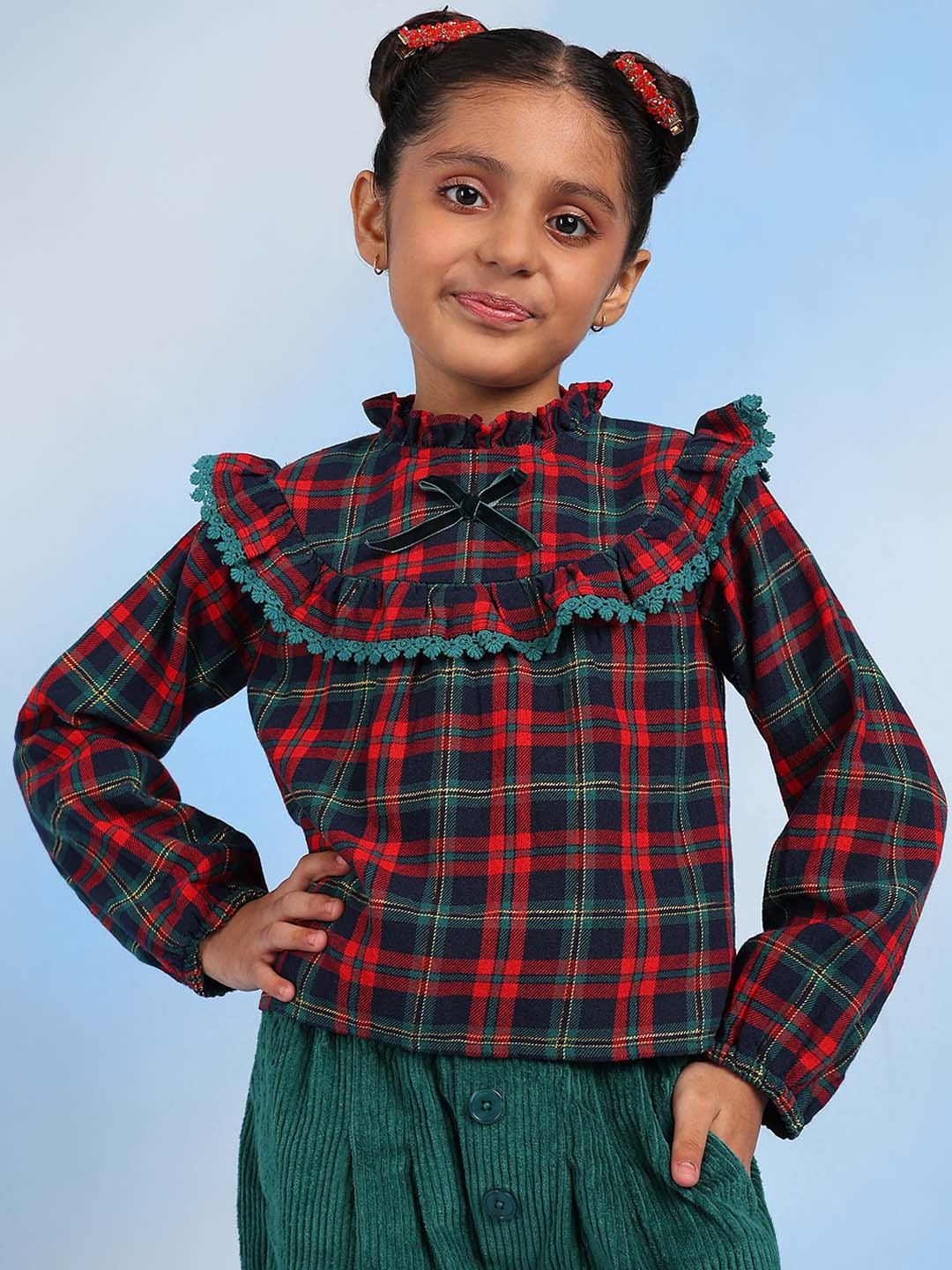 The Tribe Kids Girls Checked High Neck Cotton Top