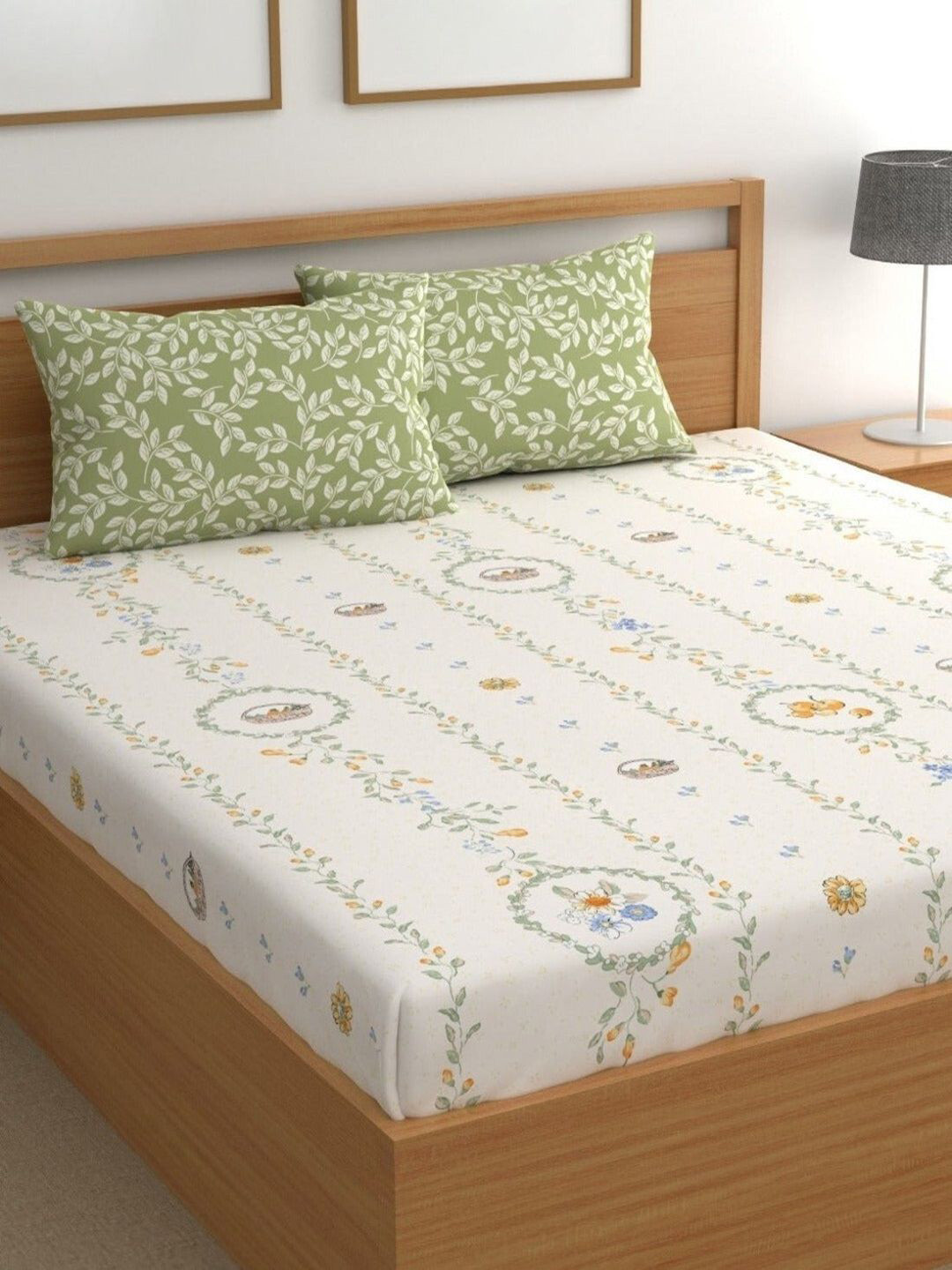 Srijee Decors Alphine Blossom Lime Green Floral Polycotton 210 TC Fitted King Fine Bedsheet with 2 Pillow Covers-108 x 108 inches