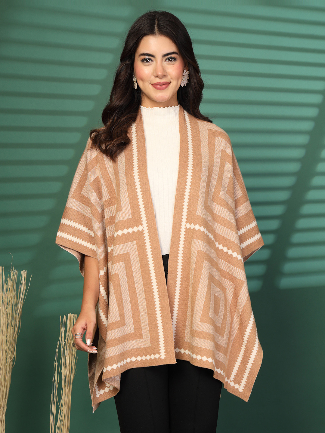 Mafadeny Women Self Design Longline Poncho Sweaters
