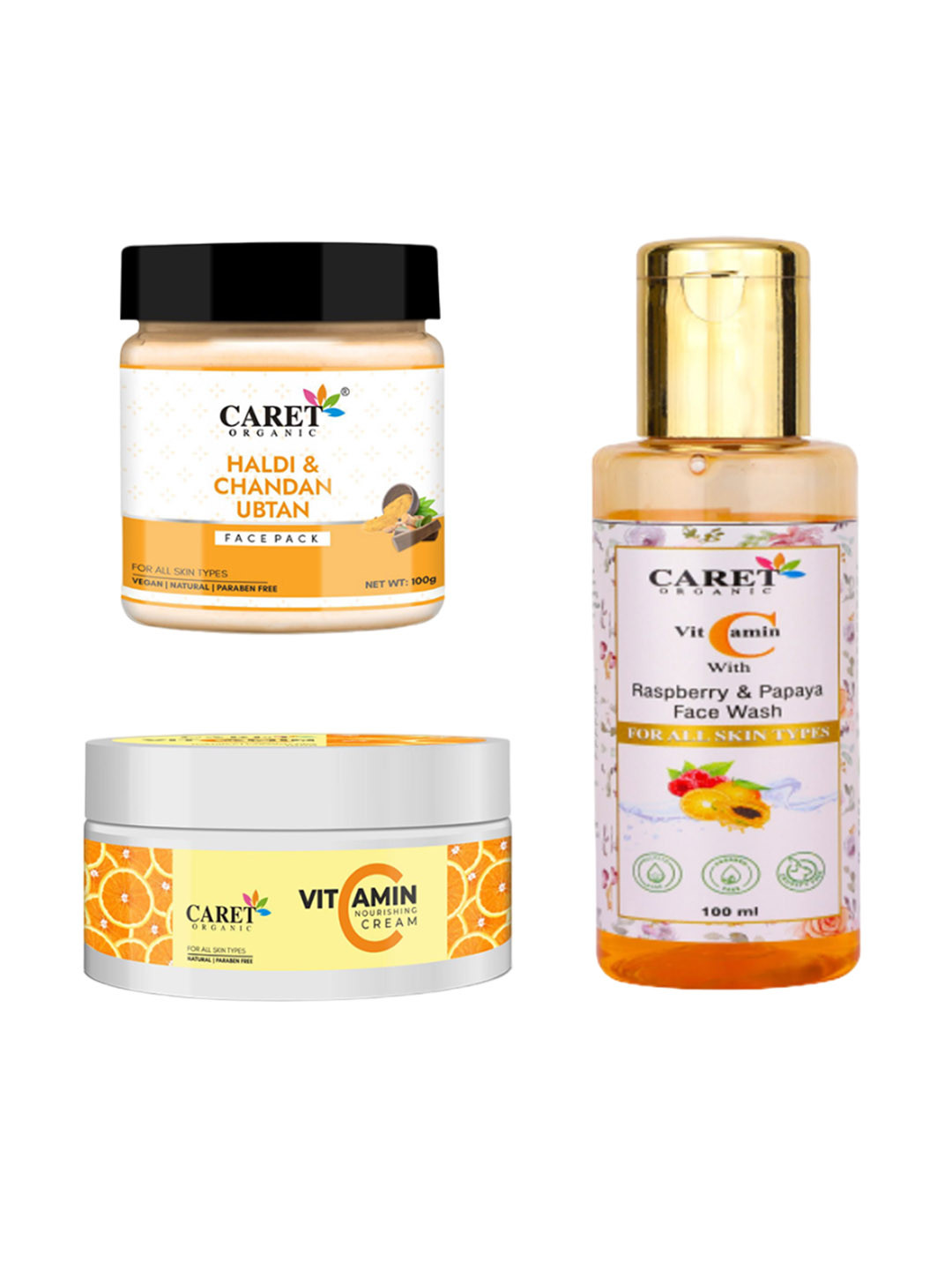 CARET ORGANIC Ubtan Face Pack, Papaya Face Wash & Nourishing Cream Combo- 100 g Each