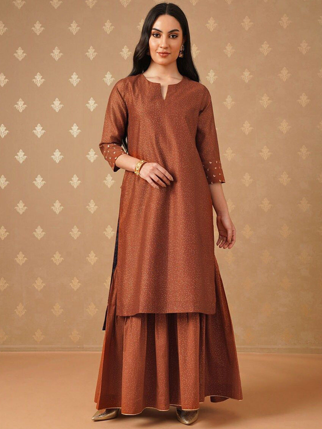 JAYPORE Polka Dots Printed Notch Neck Cotton Silk A-Line Kurta