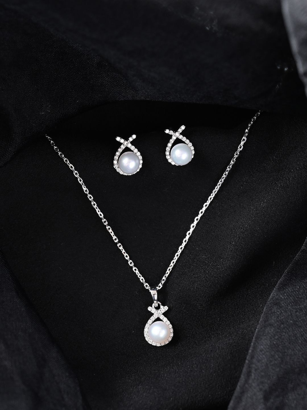 Clara 925 Sterling Silver Rhodium-Plated Beaded Pendant & Earrings