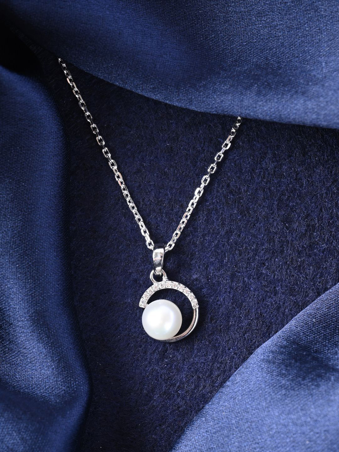 Clara 925 Sterling Silver Rhodium-Plated Pearl Beaded Contemporary Pendant with Chain
