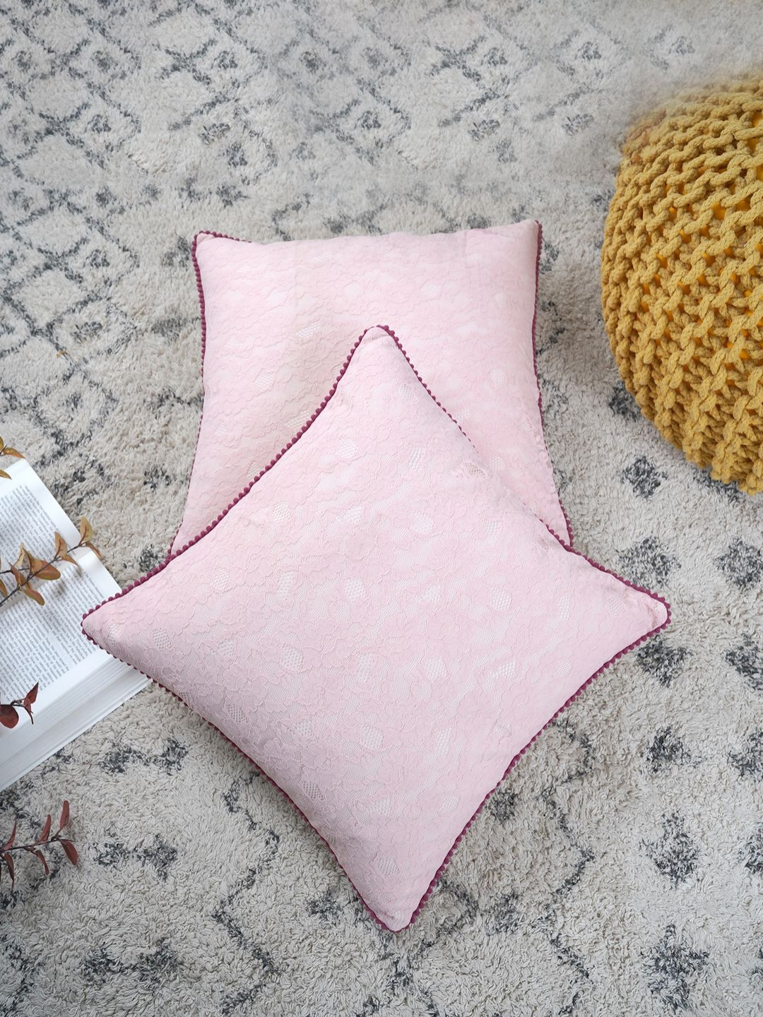 Ratan Cart Pink 2 Pieces Self Design Textured Square Shaped Cushion Covers